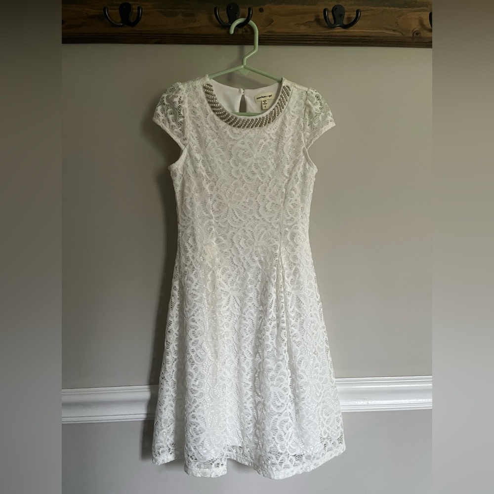 Communion Dress, white lace overlay party dress, flower girl dress.